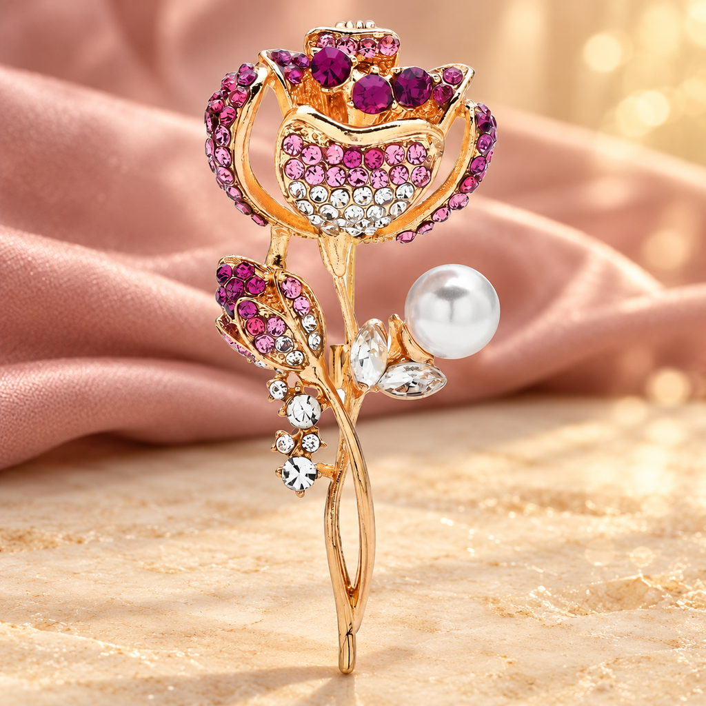 Rhinestone Rose with Pearl-Look Drop Brooch — styled background