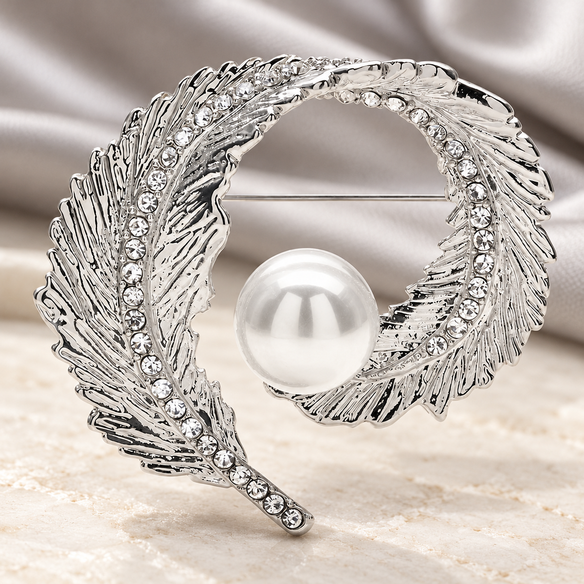 Pearl-Look Feather Wreath Brooch — styled background