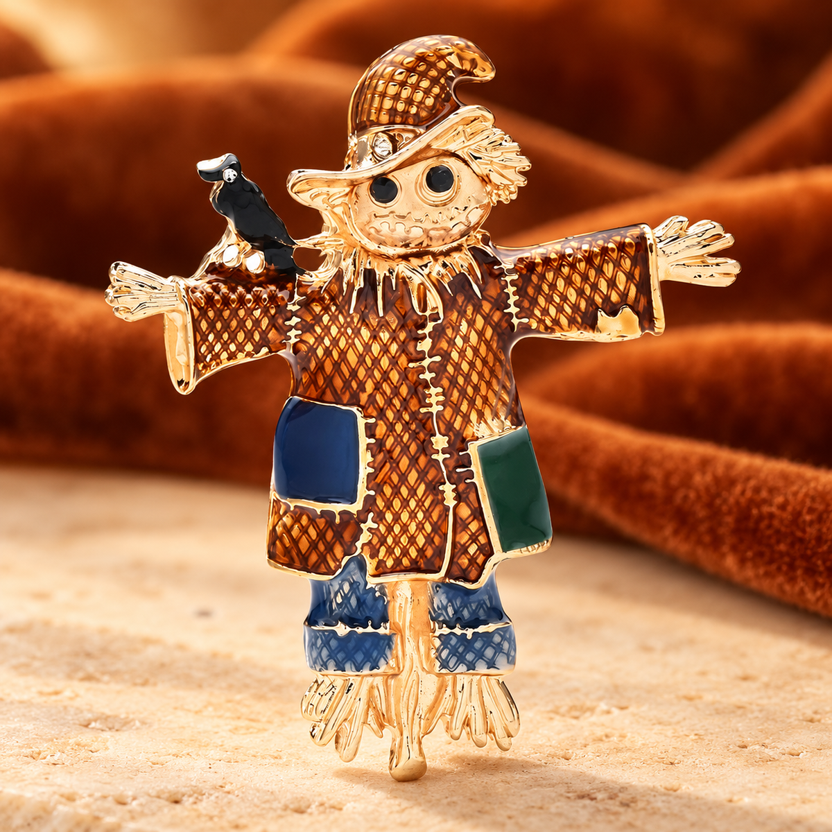 Halloween Scarecrow with Black Bird Brooch — styled background
