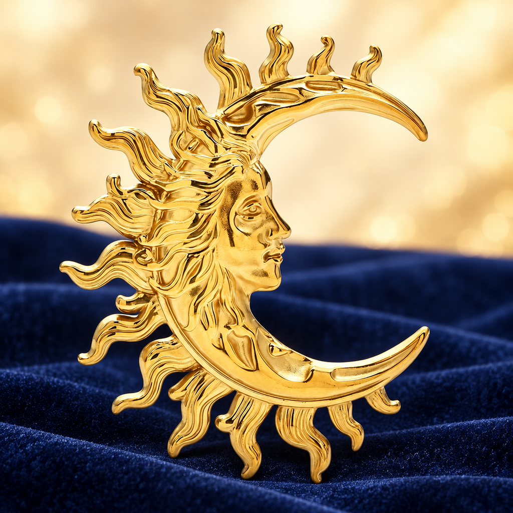 Sculptural Sun and Moon Face Brooch — styled background