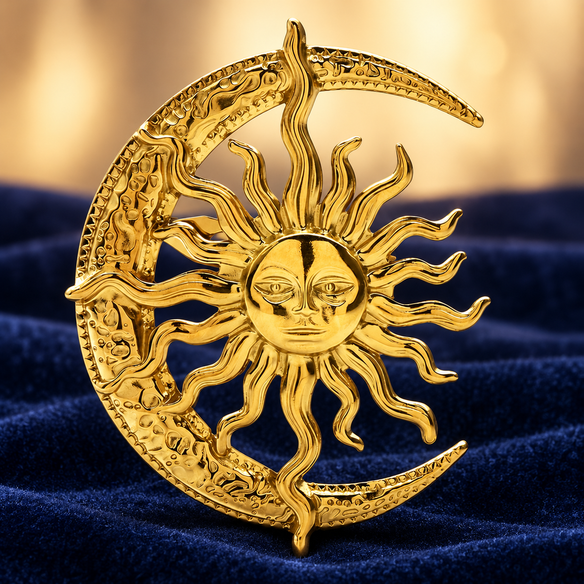 Sculptural Sun and Crescent Moon Brooch — styled background