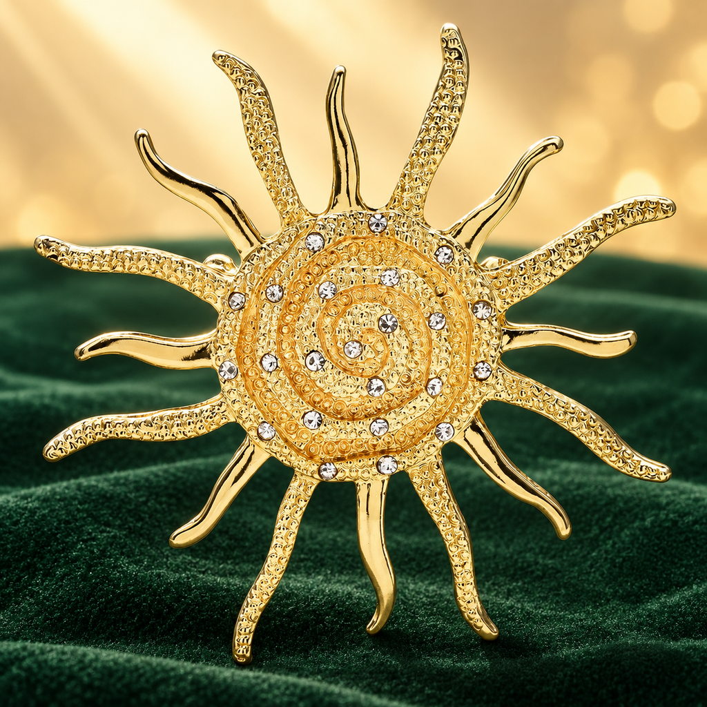 Spiral Sunburst with Rhinestone Accents Brooch — styled background
