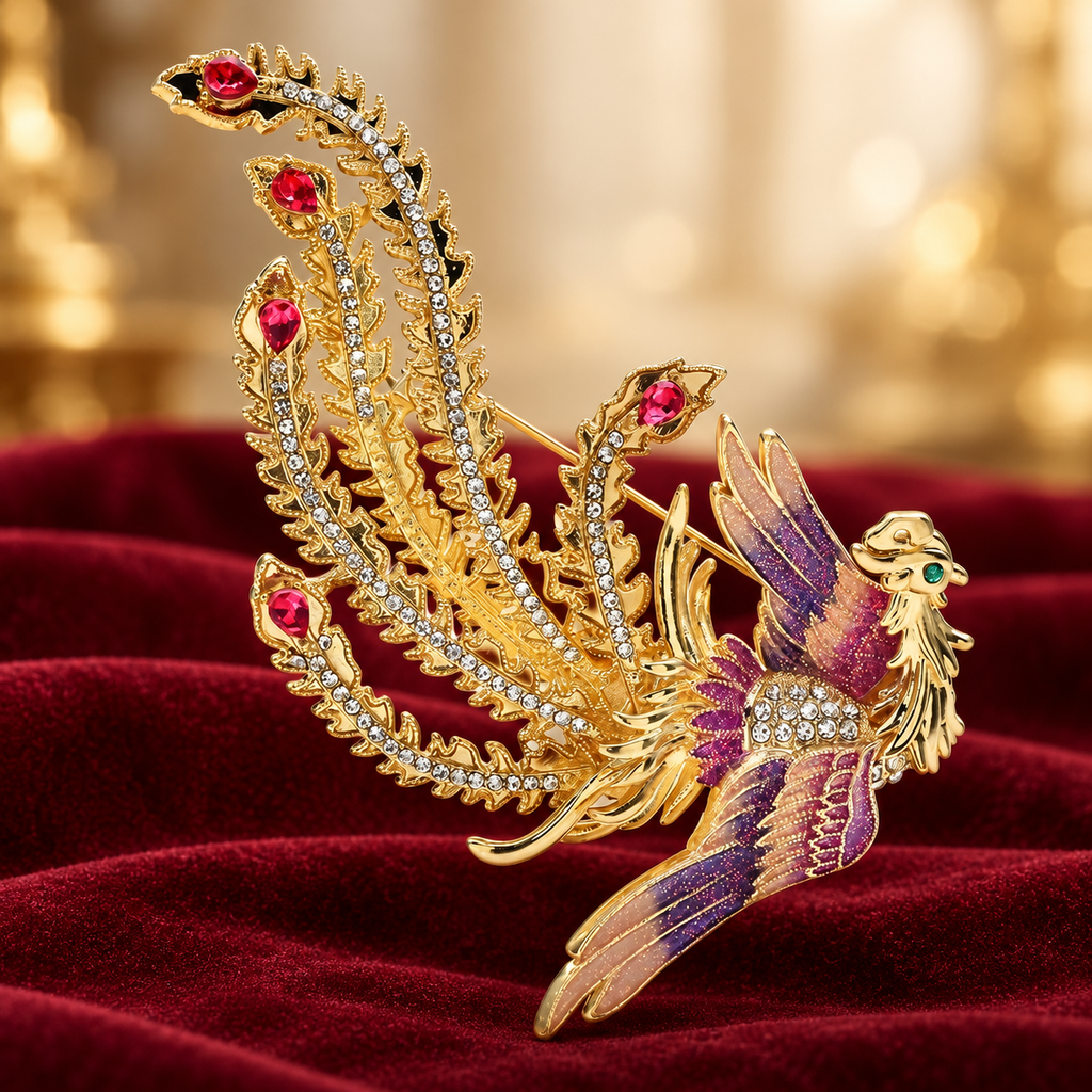 Soaring Enamel Phoenix with Jeweled Tail Brooch — styled background