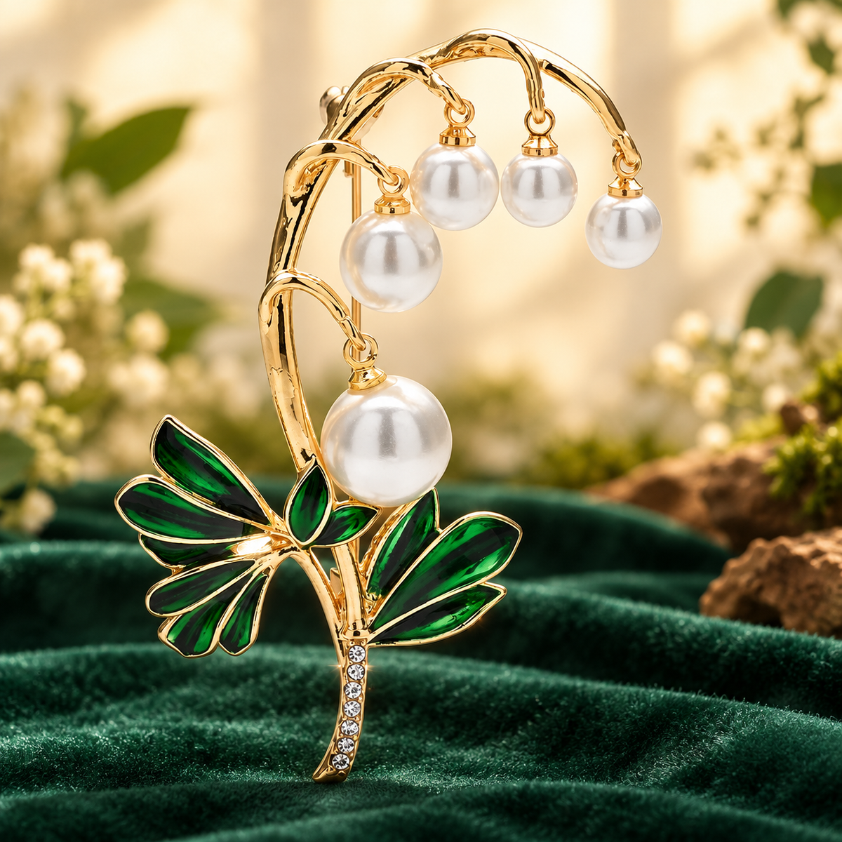 Pearl-Look Bell Flower Branch Brooch — styled background