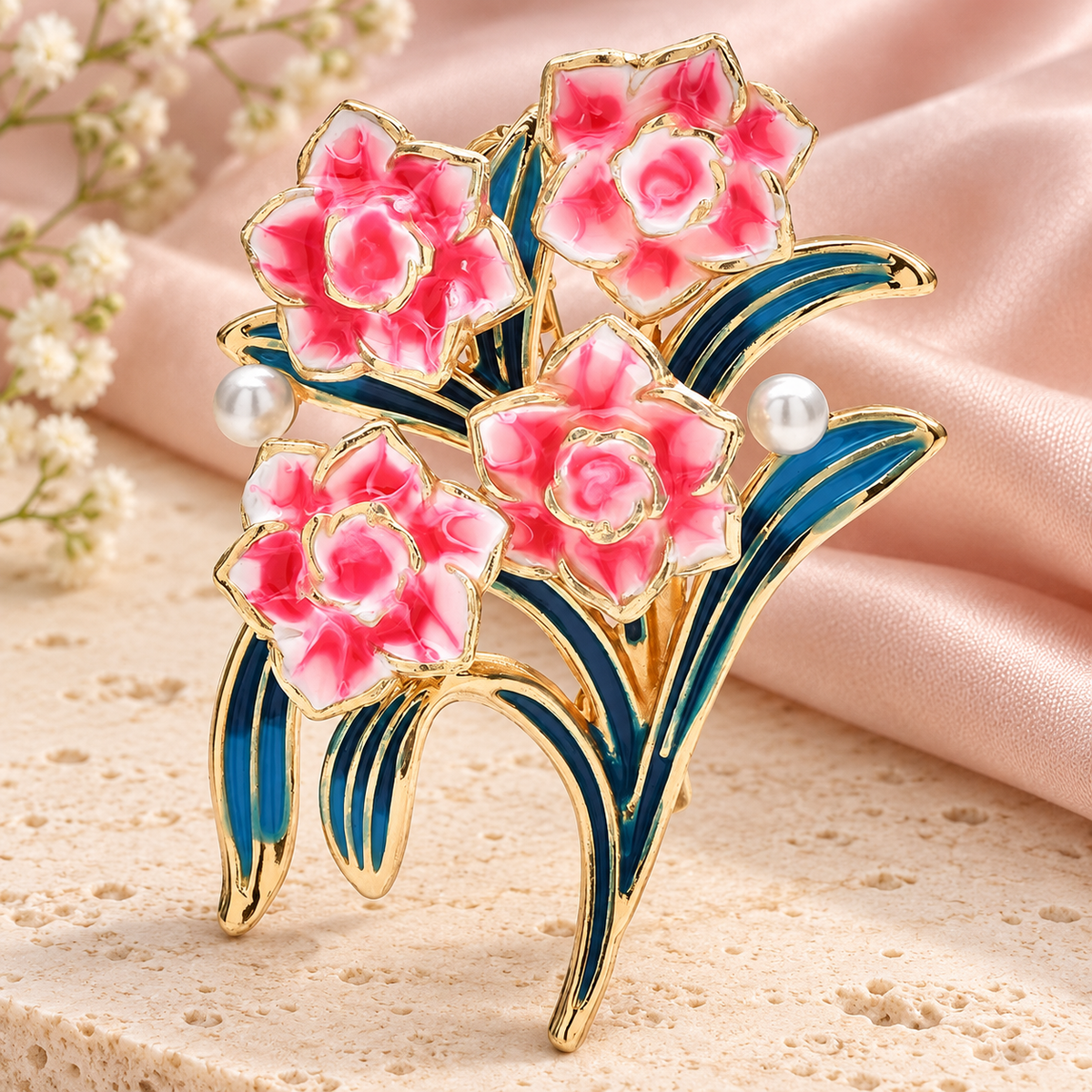 Enamel Peony Flower Spray Brooch — styled background