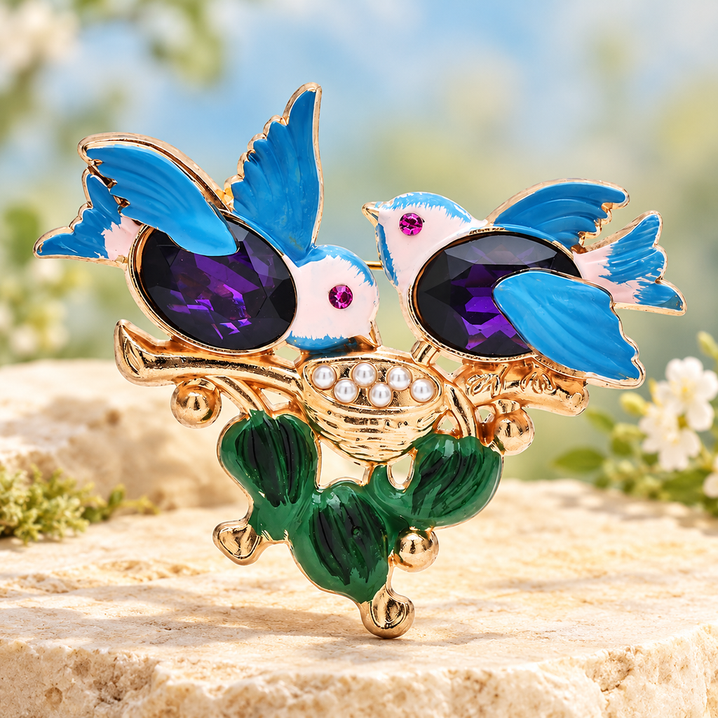 Swallows Feeding Baby Birds in Nest Brooch — styled background