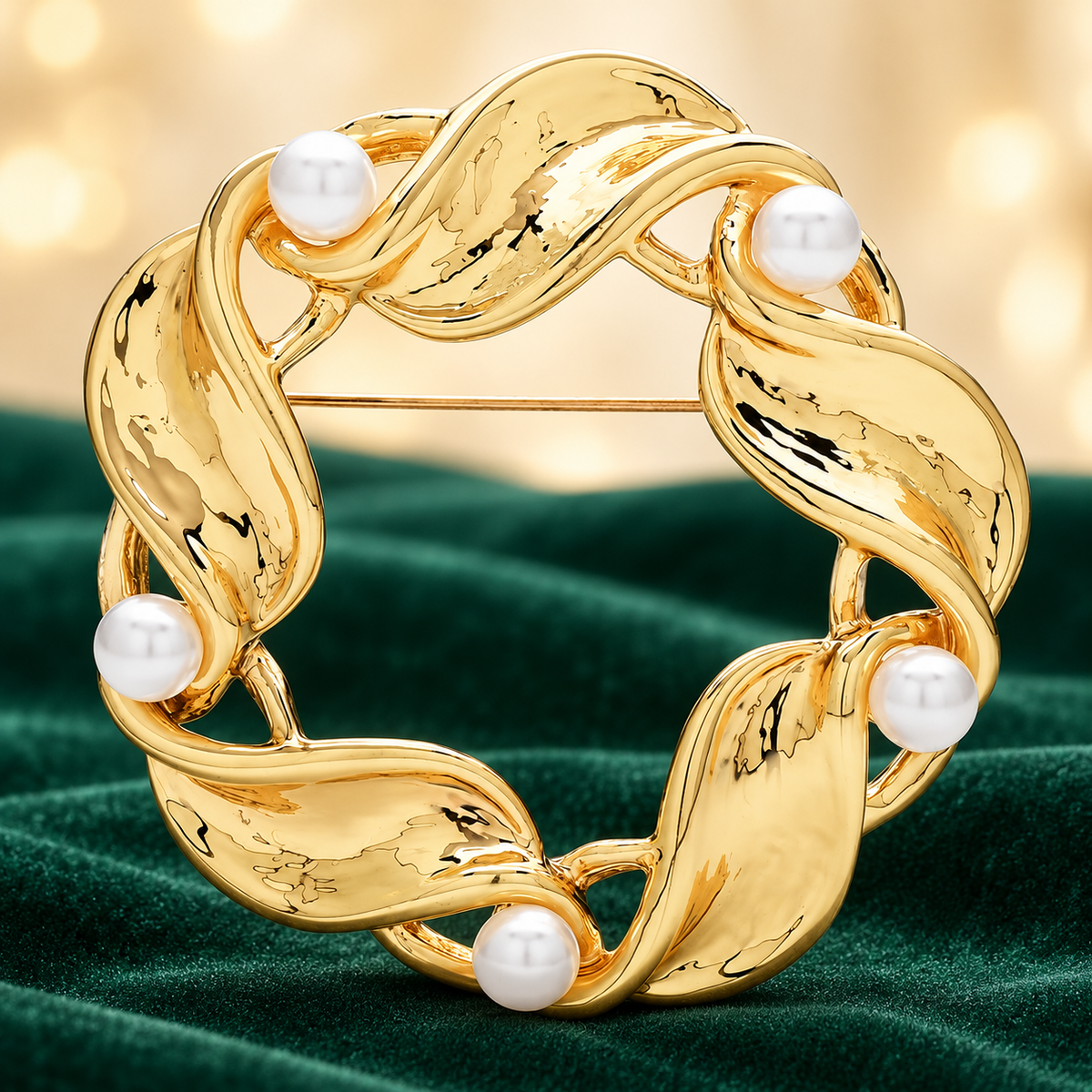 Circular Leaf Wreath with Pearl-Look Accents Brooch — styled background