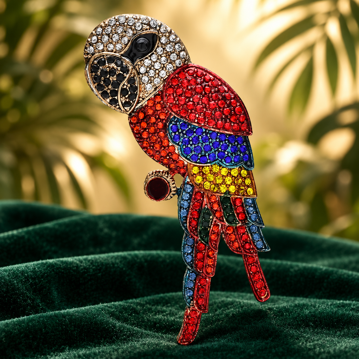 Multicolor Rhinestone Parrot Brooch — styled background