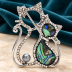 Rhinestone Cat Pair with Abalone-Look Insets Brooch — styled background