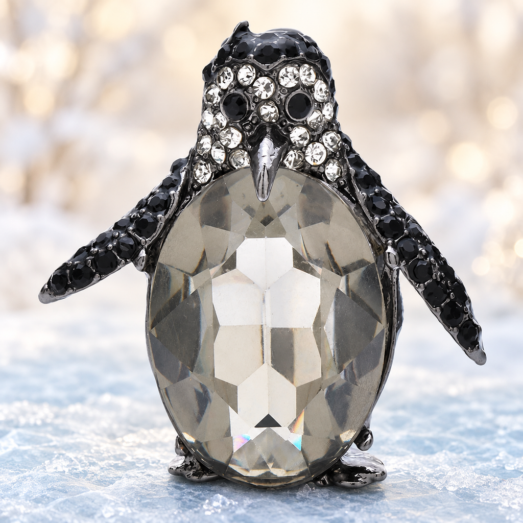 Grey Faceted Penguin with Black Rhinestones Brooch — styled background