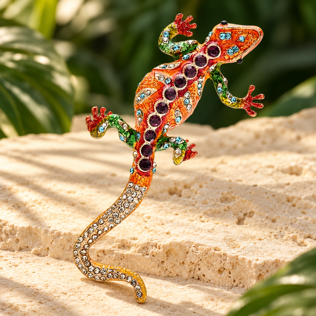 Patterned Enamel Gecko with Rhinestone Details Brooch — styled background