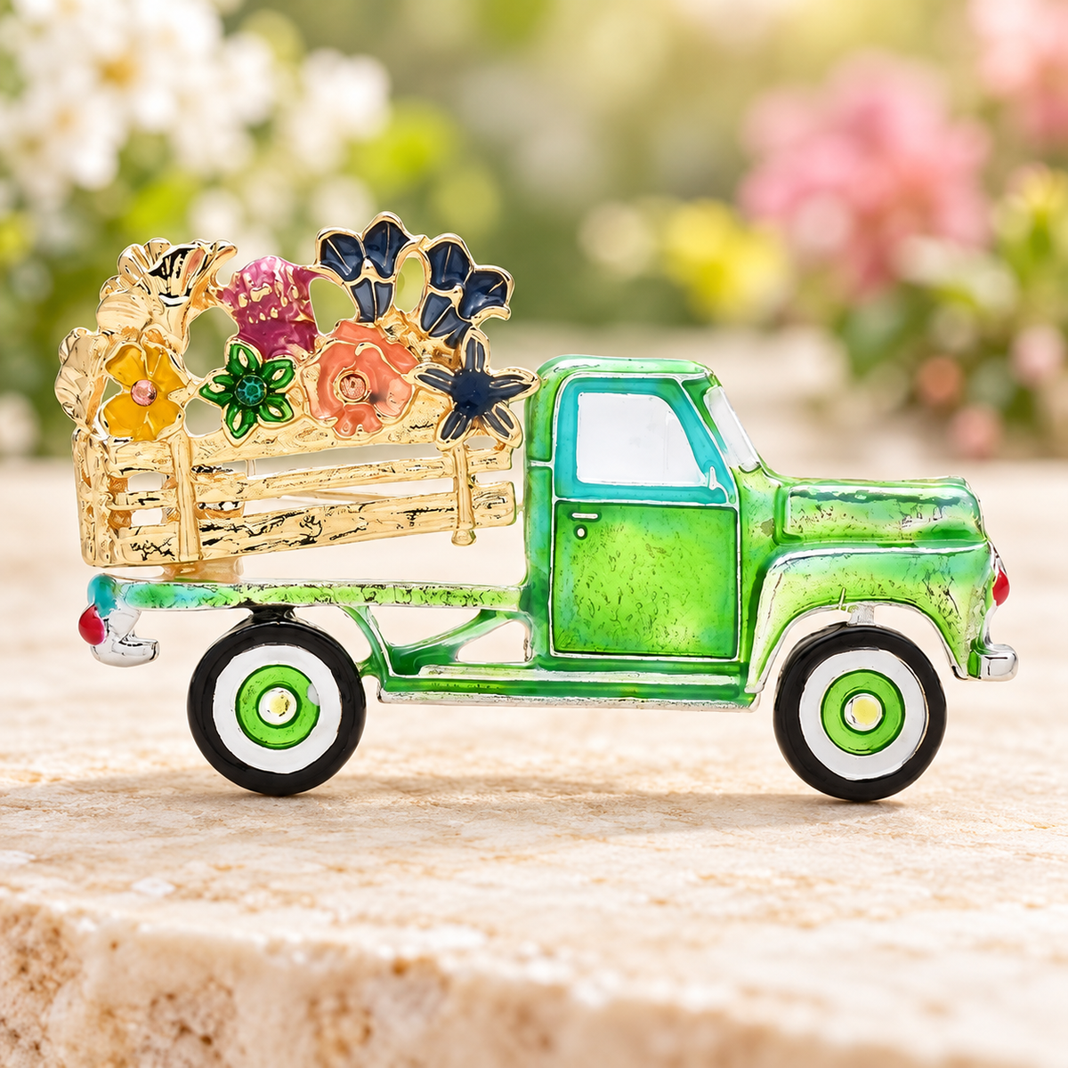 Green Enamel Pickup Truck with Flowers Brooch — styled background