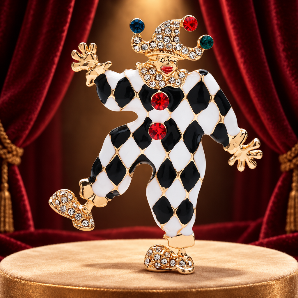 Harlequin Clown with Jeweled Hat Brooch — styled background
