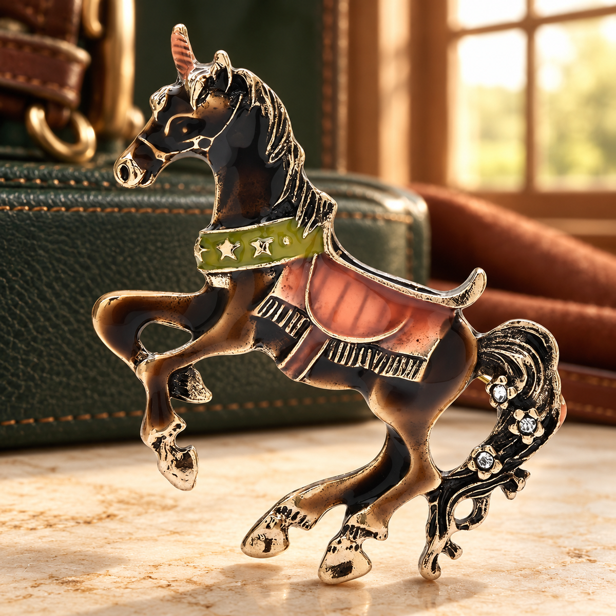 Rearing Enamel Horse with Saddle Brooch — styled background