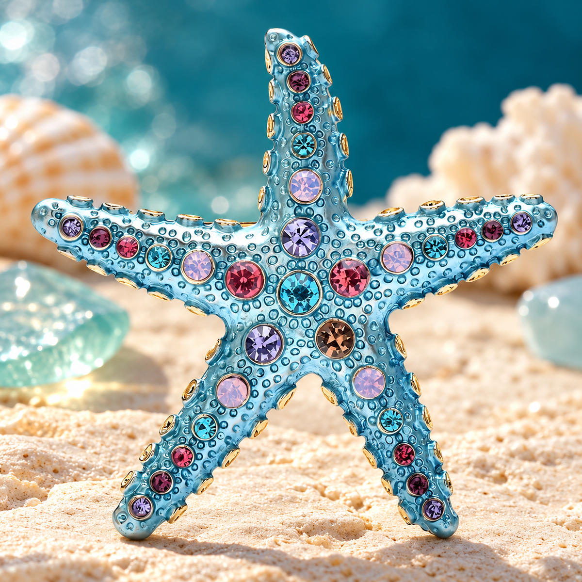 Rhinestone Starfish with Faceted Accents Brooch — styled background