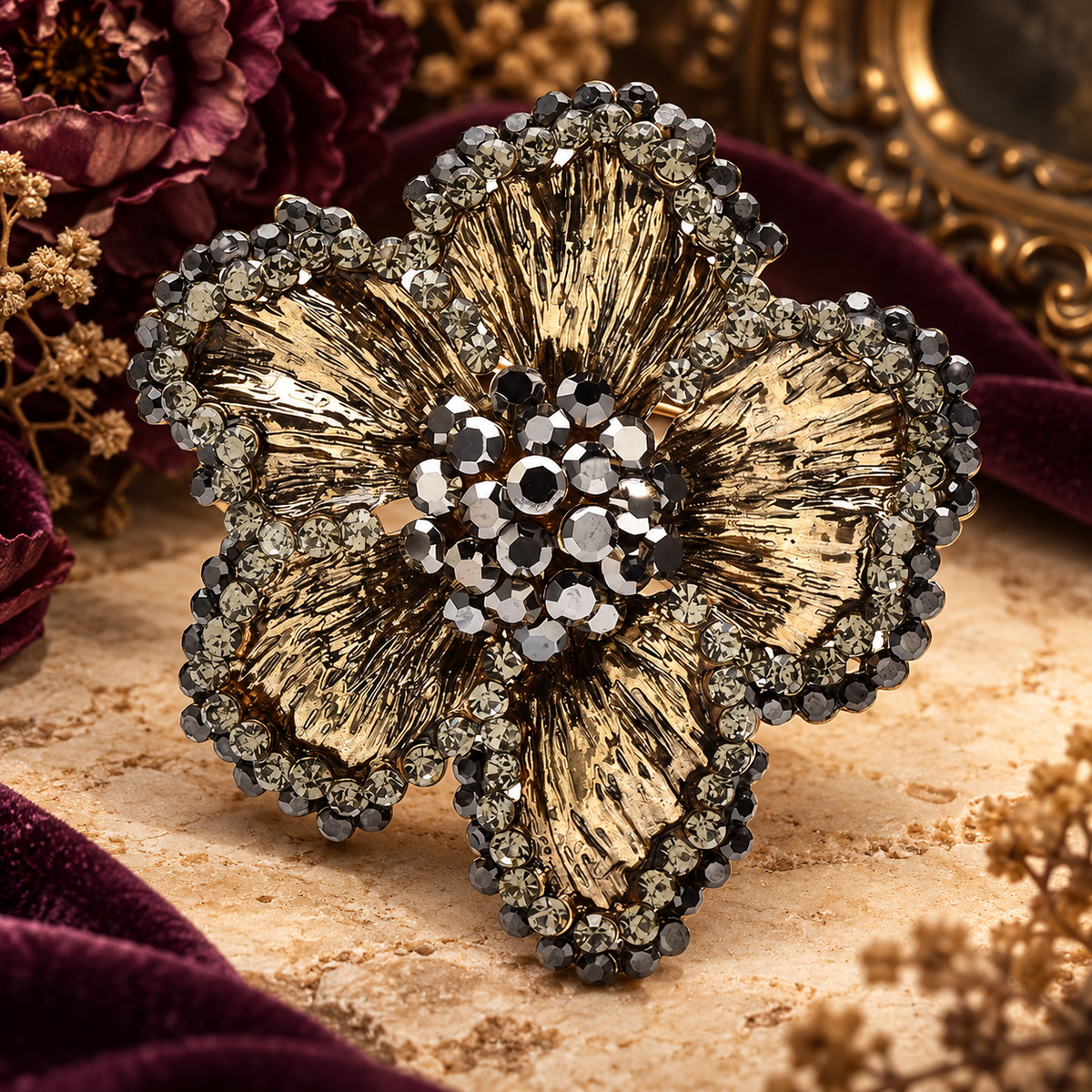 Vintage Textured Five-Petal Flower Brooch — styled background