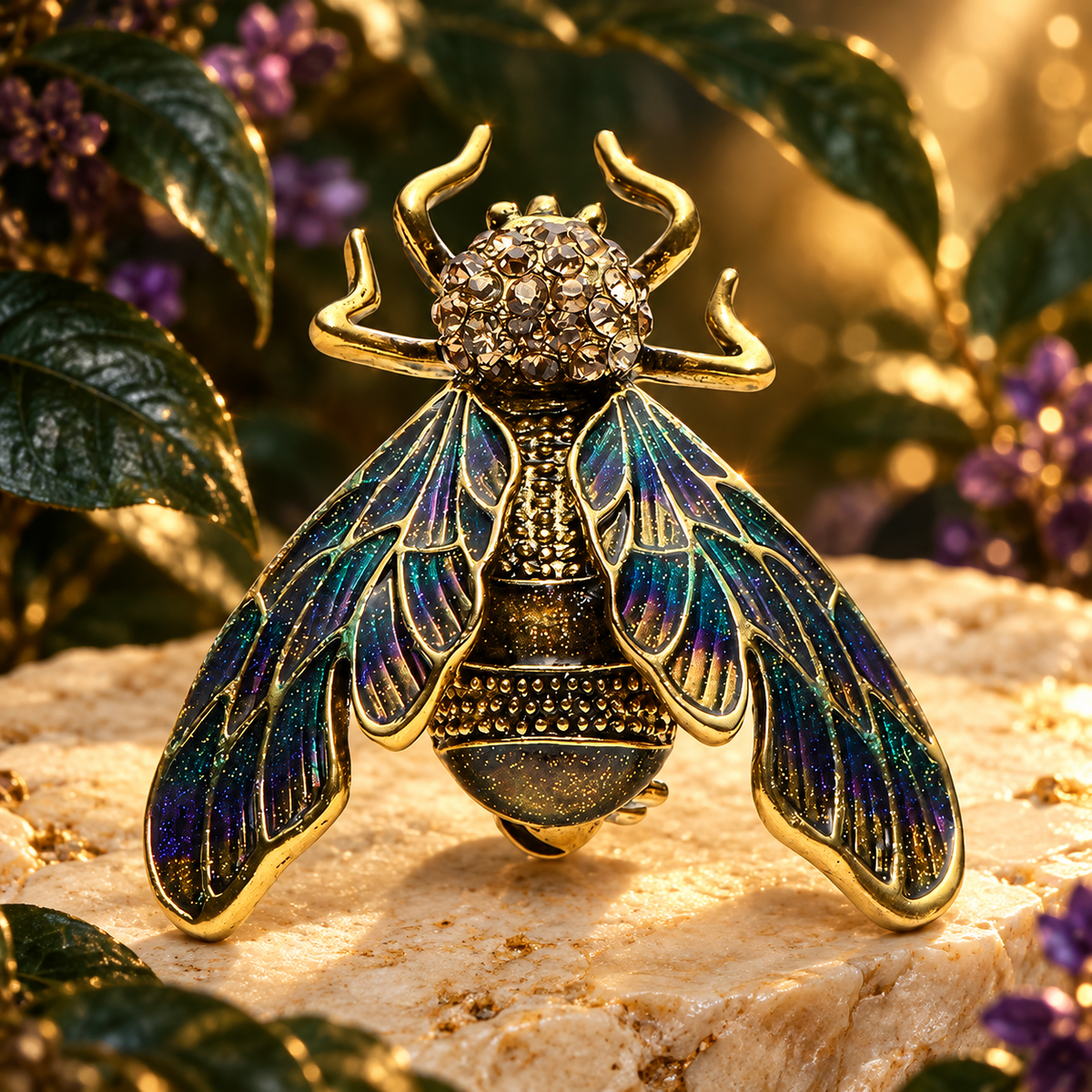 Vintage Enamel Jeweled Cicada Brooch — styled background