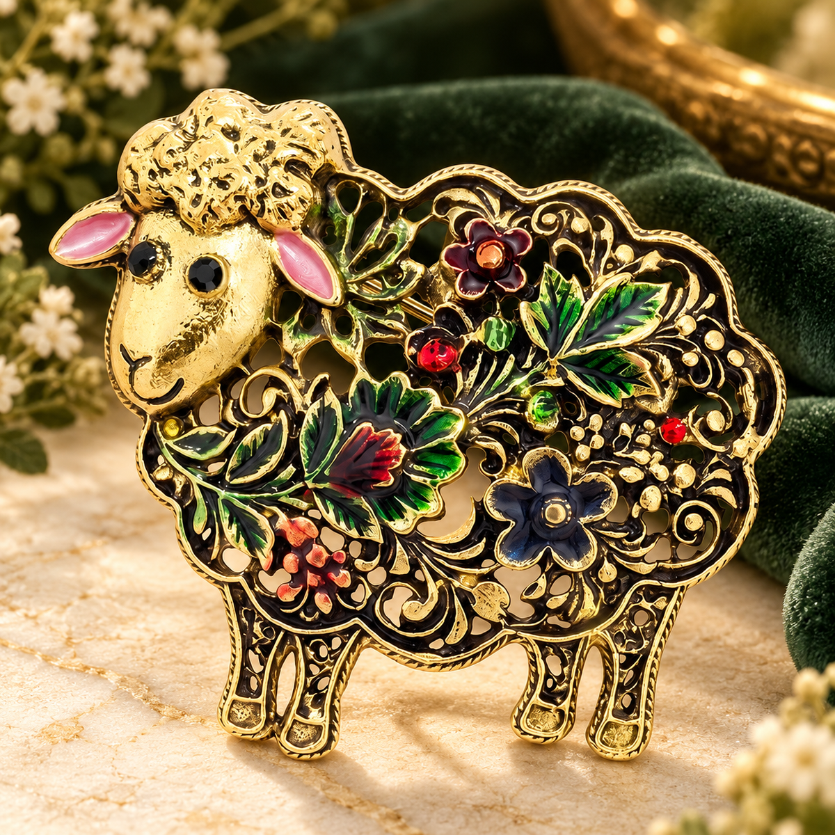 Vintage Floral Openwork Sheep Brooch — styled background