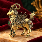 Vintage Ornate Ram with Red Jewel Accents Brooch — styled background