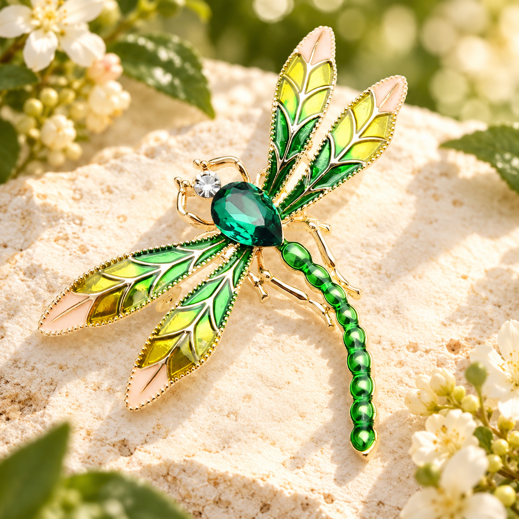 Green Enamel Jeweled Dragonfly Brooch — styled background