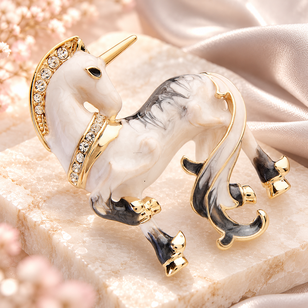 White Enamel Unicorn Brooch — styled background