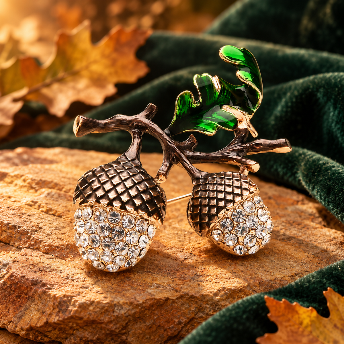 Jeweled Acorn and Oak Leaf Brooch — styled background