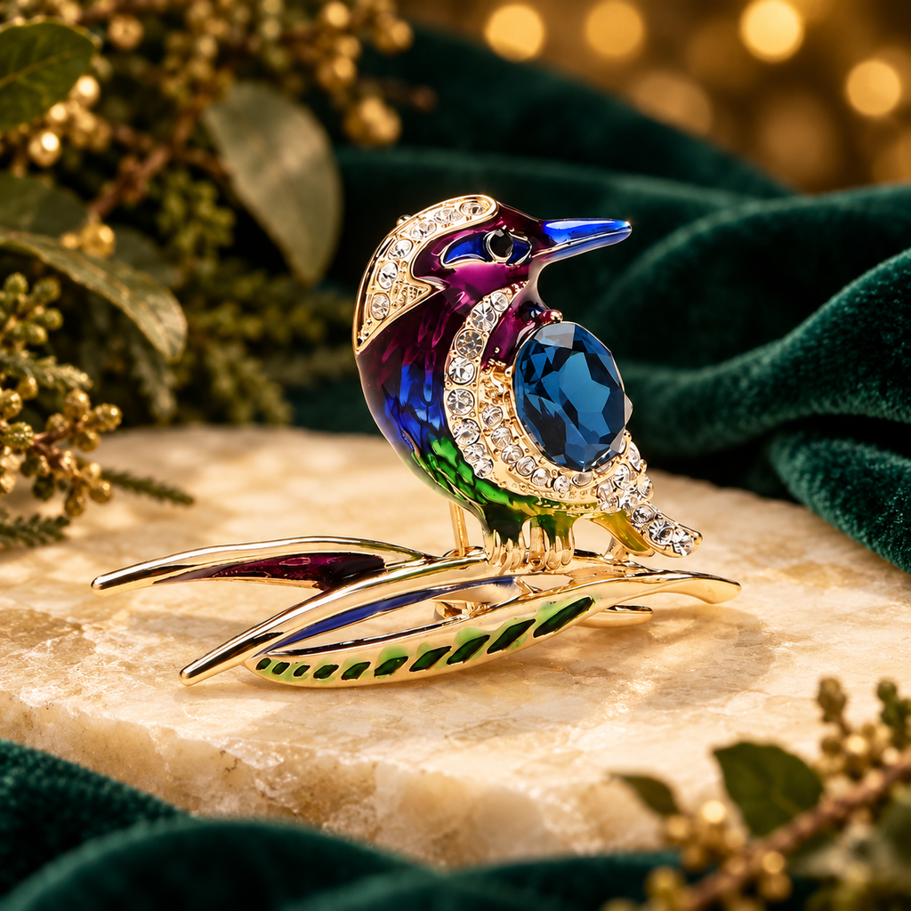 Enamel Bird Perched on a Branch Brooch — styled background
