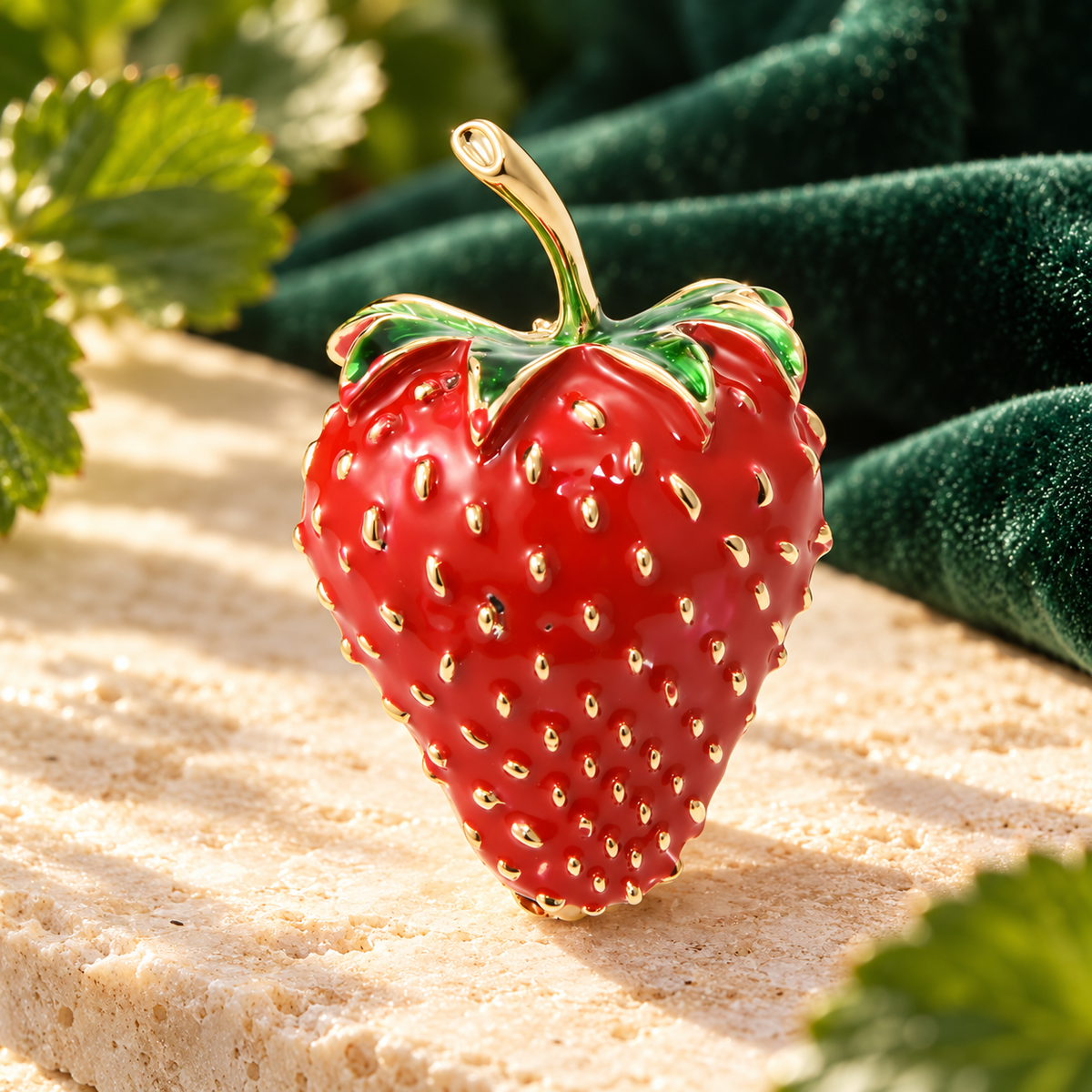 Glossy Red Enamel Strawberry Brooch — styled background