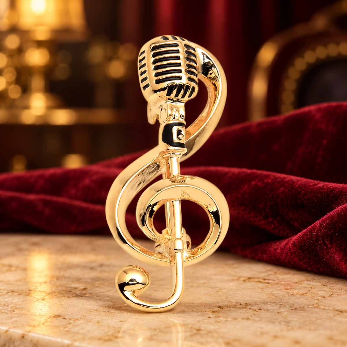Vintage Microphone and Treble Clef Brooch — styled background