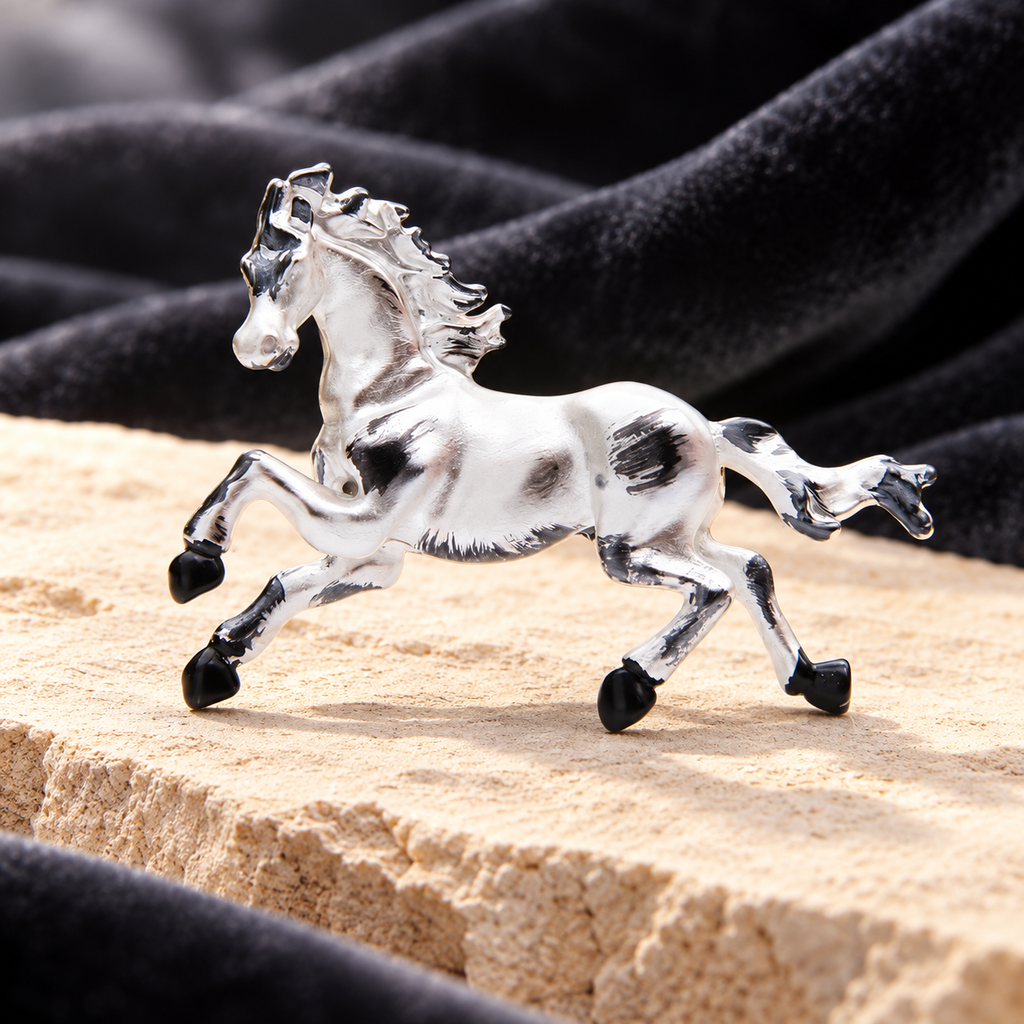 Black and White Enamel Galloping Horse Brooch — styled background