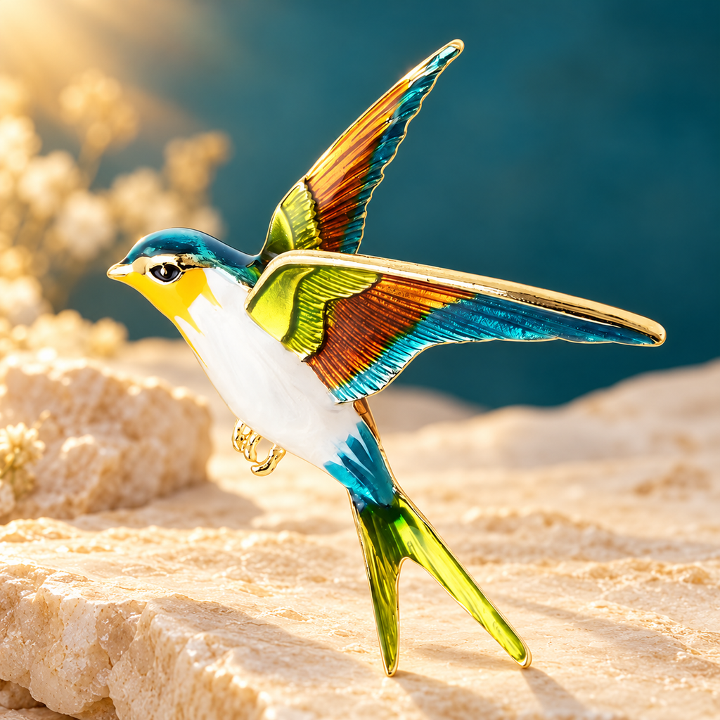 Colorful Enamel Flying Swallow Brooch — styled background