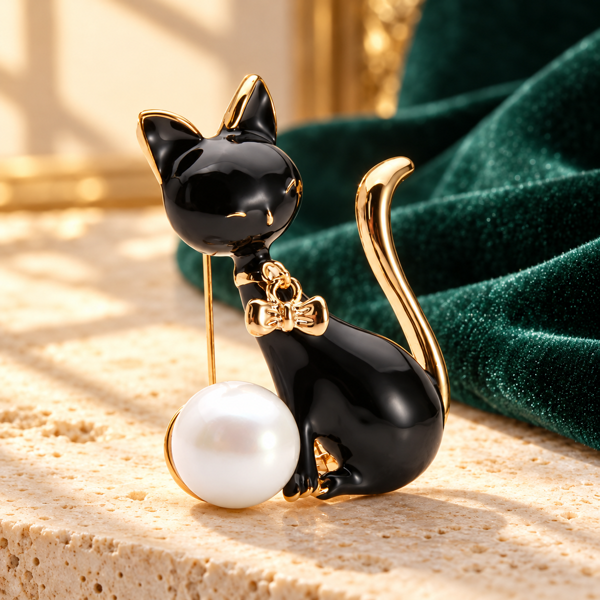 Seated Enamel Cat with Pearl-Look Ball Brooch — styled background