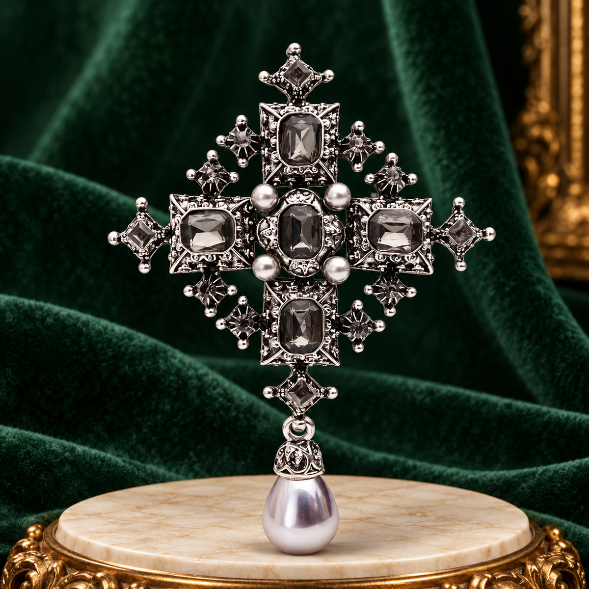 Vintage Jeweled Cross with Pearl-Look Drop Brooch — styled background