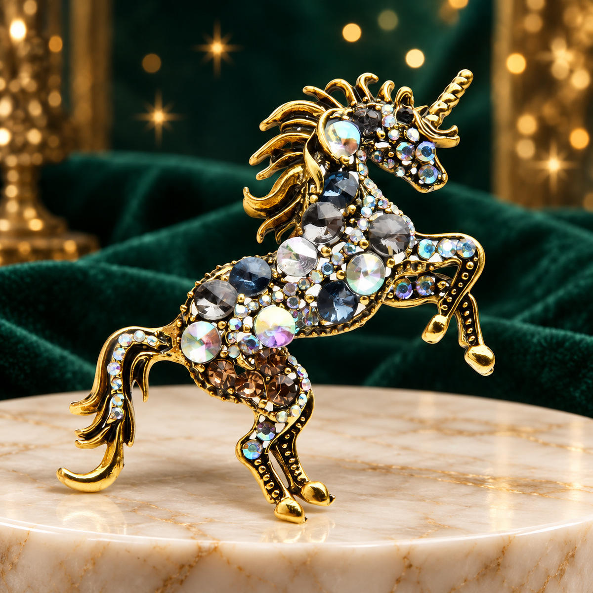 Jeweled Rearing Unicorn Brooch — styled background