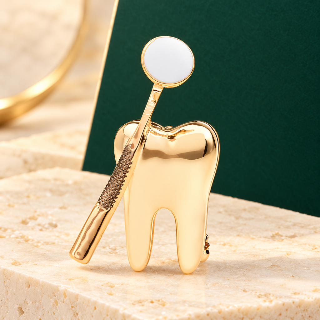 Tooth and Dental Mirror Brooch — styled background