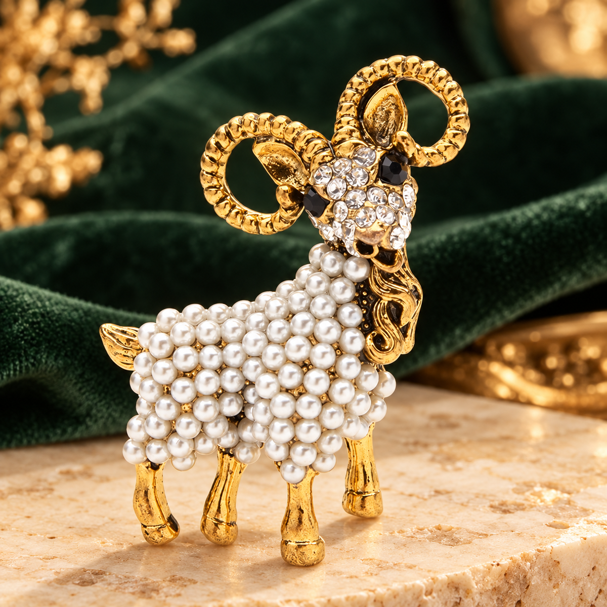 Pearl-Look Ram with Curled Horns Brooch — styled background