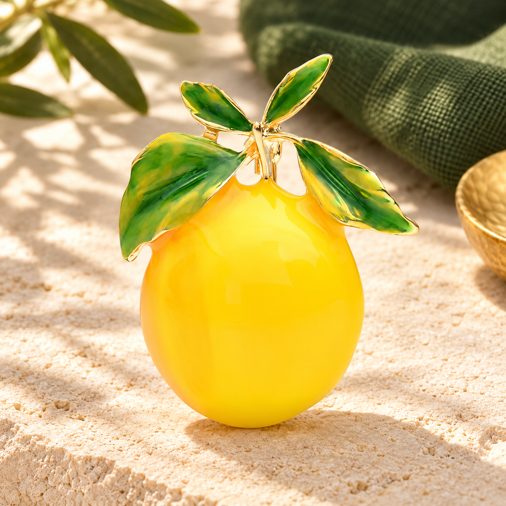 Yellow Enamel Lemon with Leaves Brooch — styled background