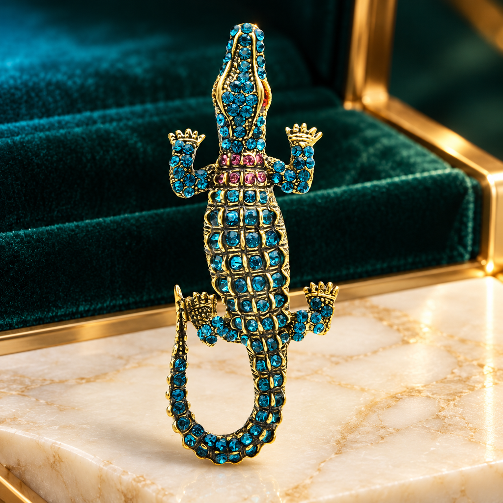 Blue and Green Rhinestone Crocodile Brooch — styled background