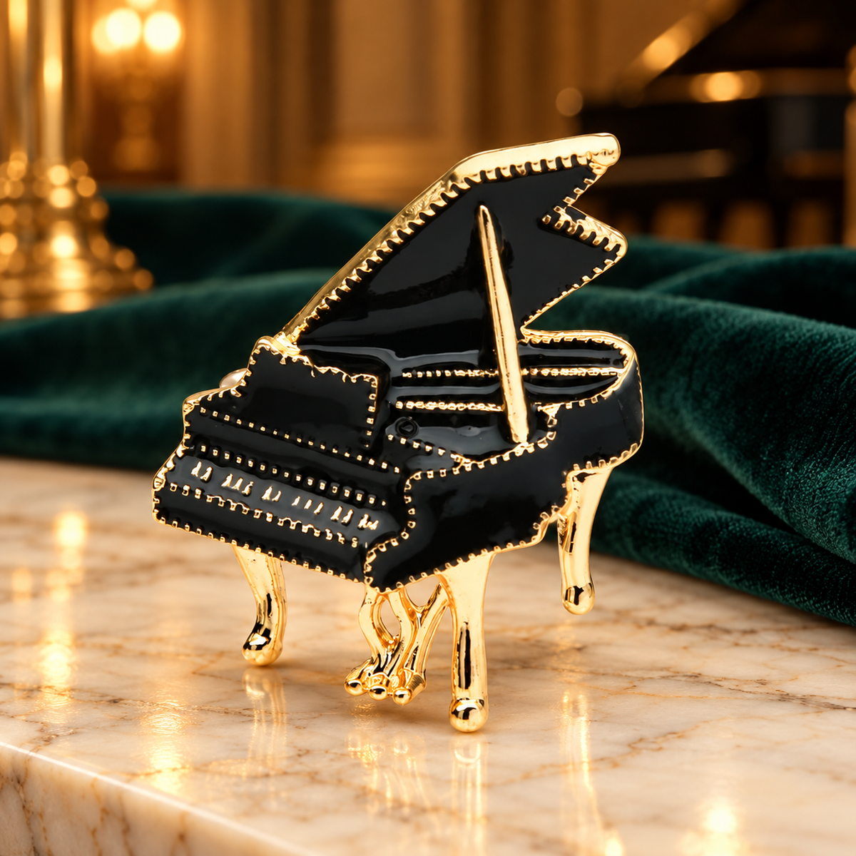 Black Enamel Grand Piano Brooch — styled background