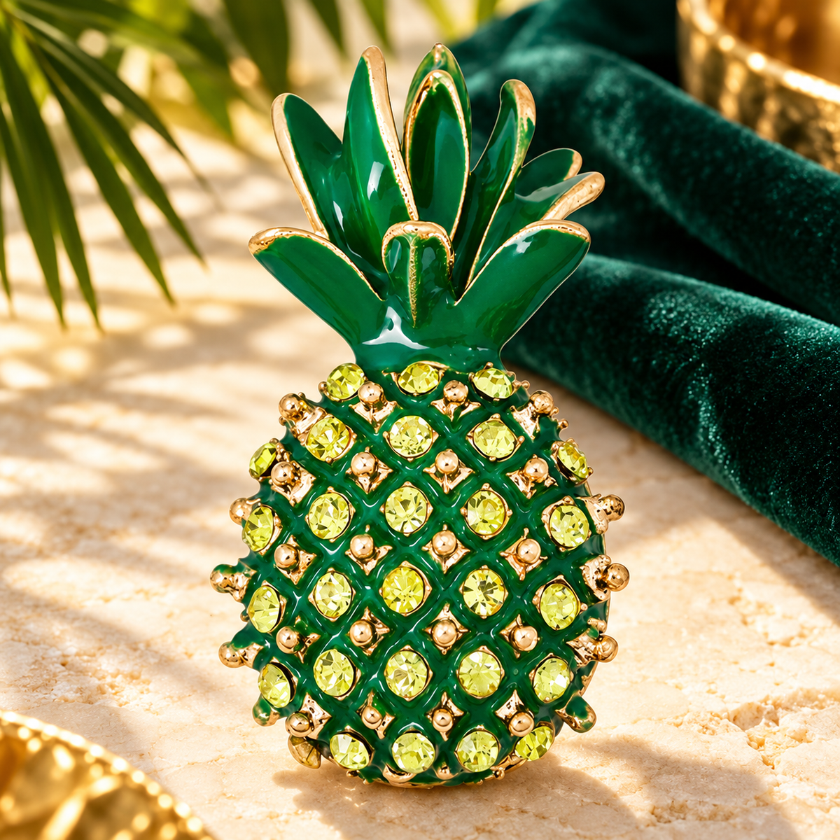Green Jeweled Pineapple Brooch — styled background