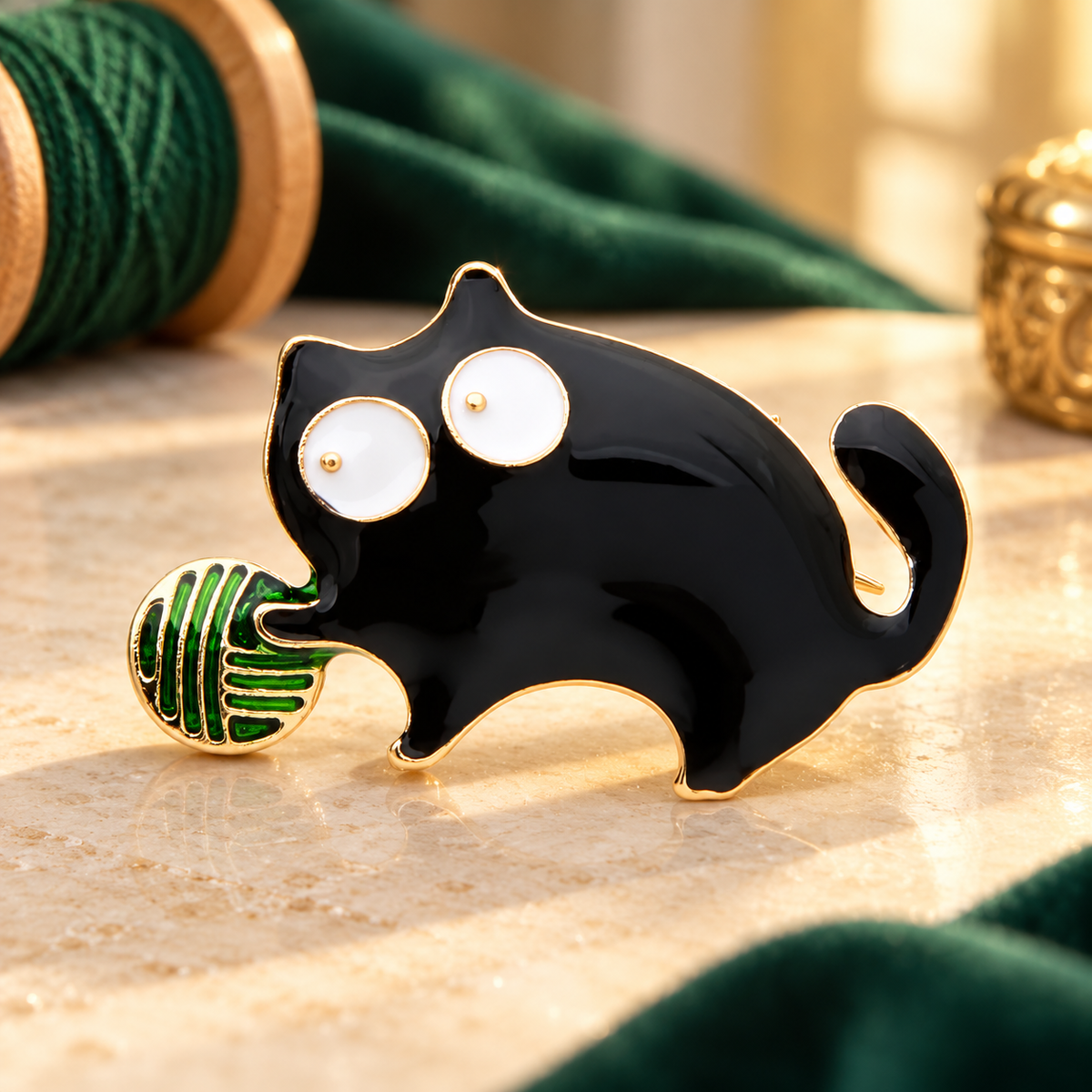 Black Enamel Cat with Yarn Ball Brooch — styled background