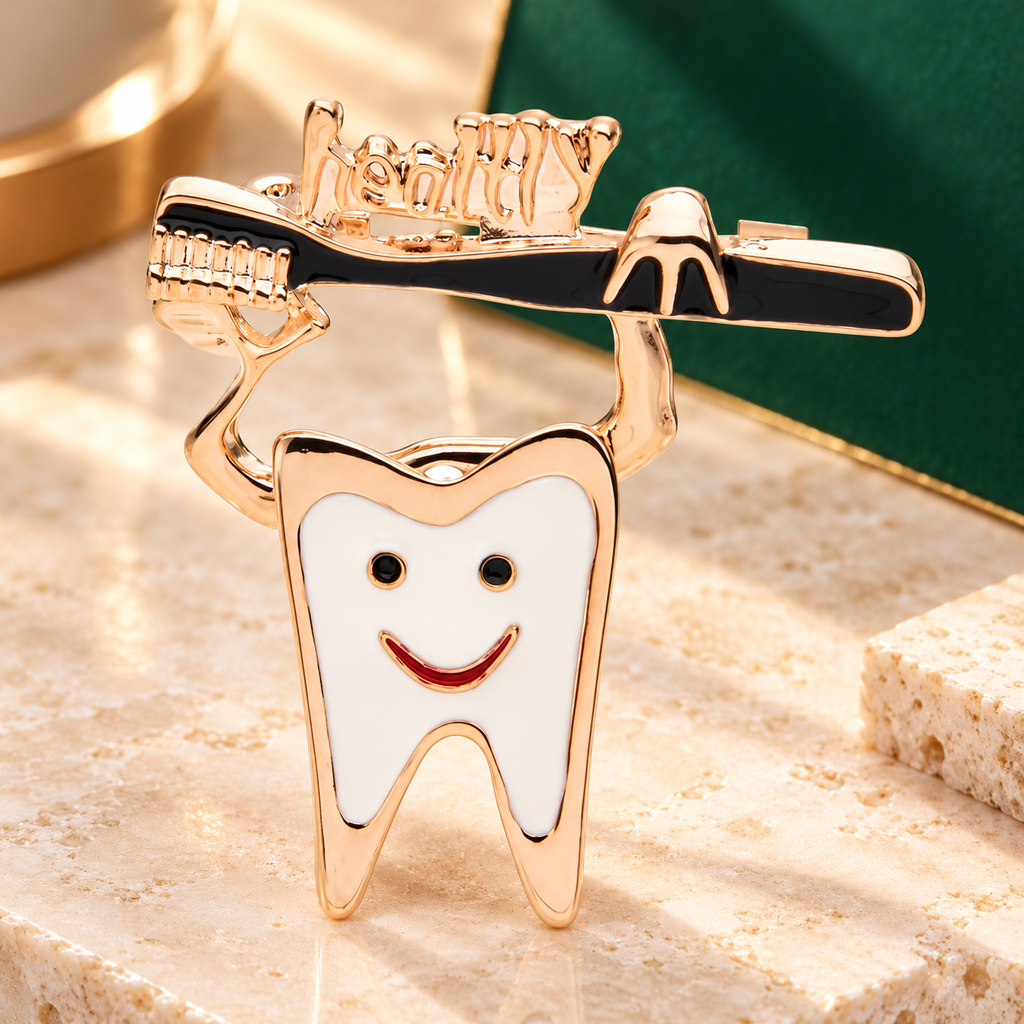 Smiling Tooth and Toothbrush Brooch — styled background