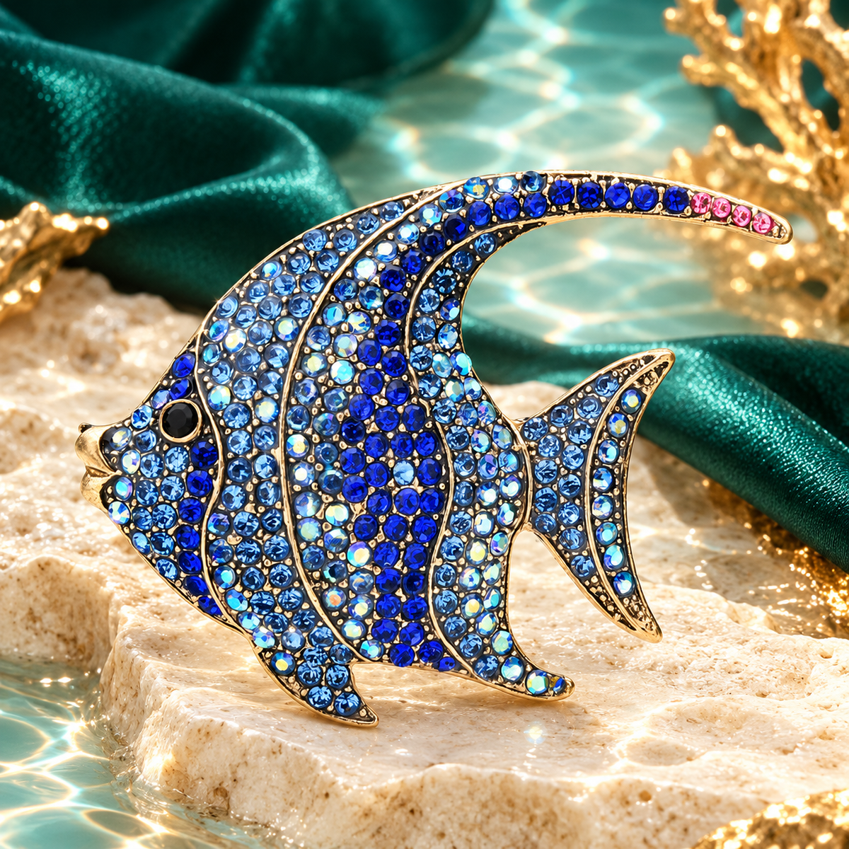 Jeweled Angelfish with Sweeping Fins Brooch — styled background