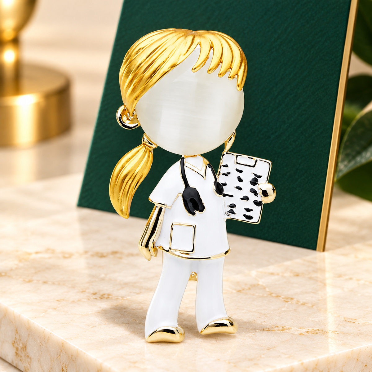 Enamel Doctor with Clipboard Brooch — styled background