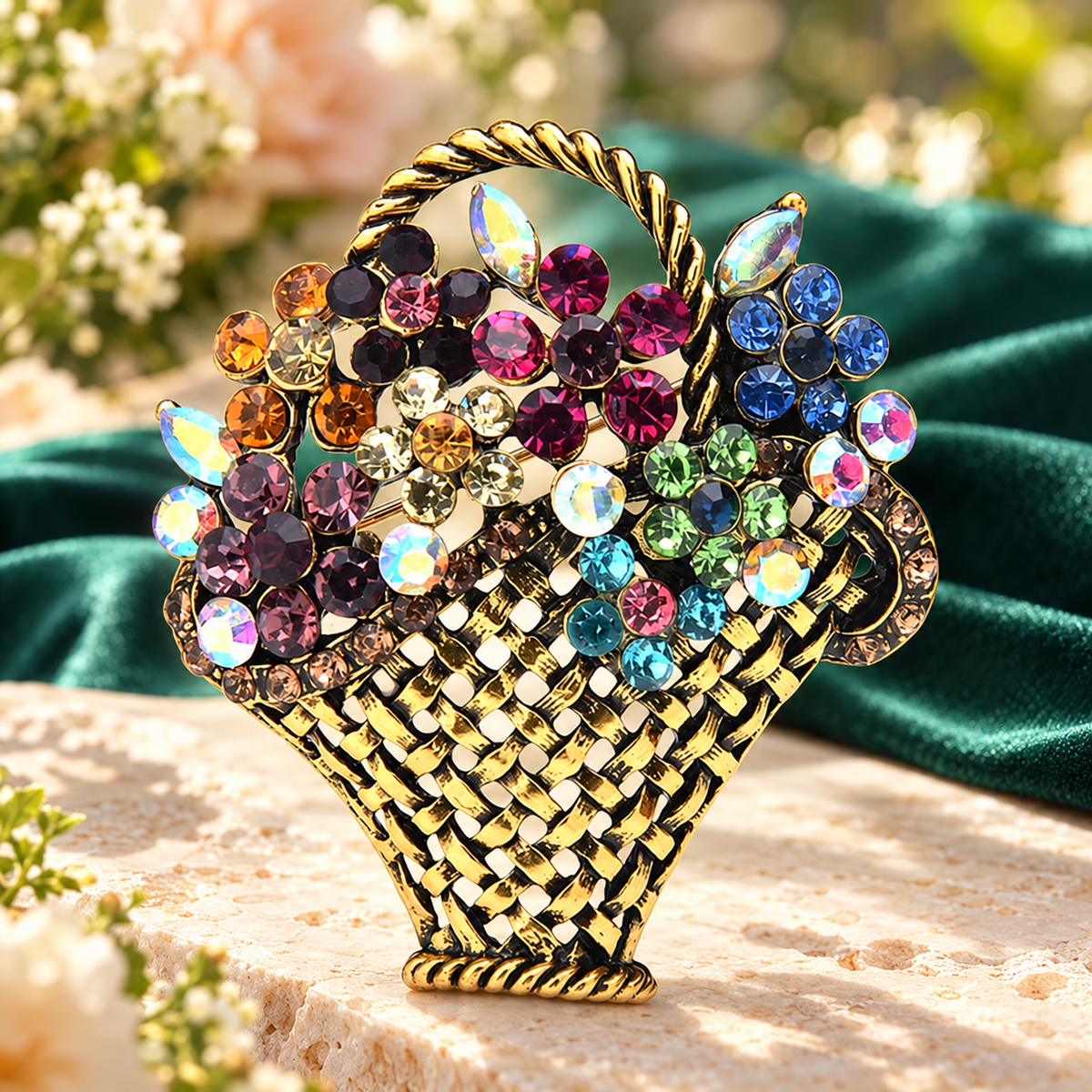 Multicolor Jeweled Flower Basket Brooch — styled background