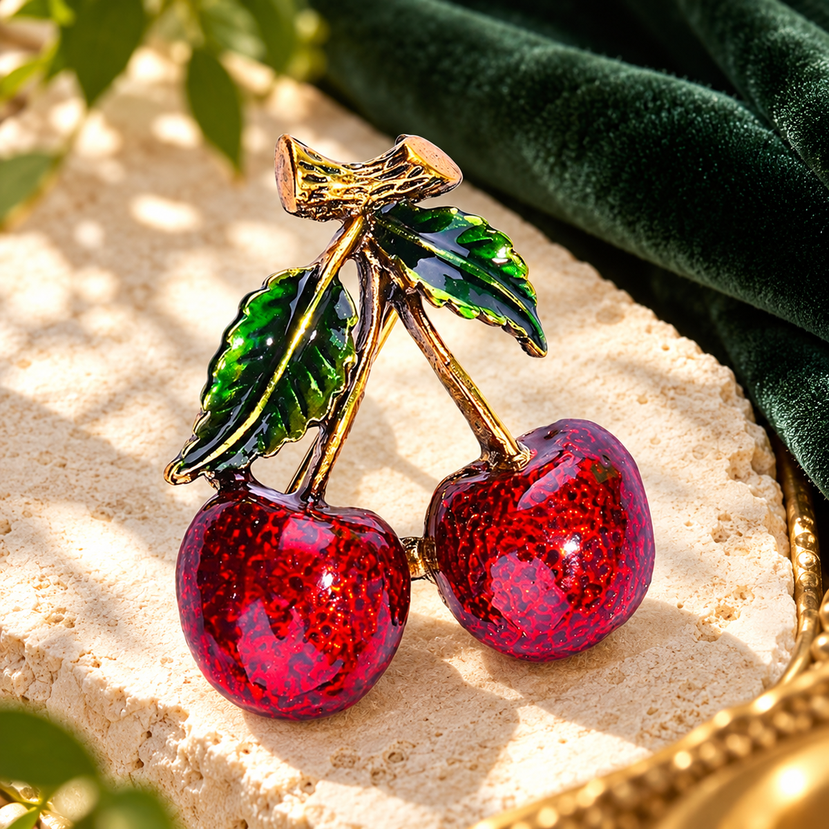 Red Enamel Cherry Pair Brooch — styled background
