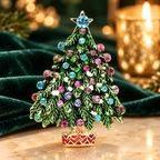 Multicolor Jeweled Christmas Tree Brooch — styled background