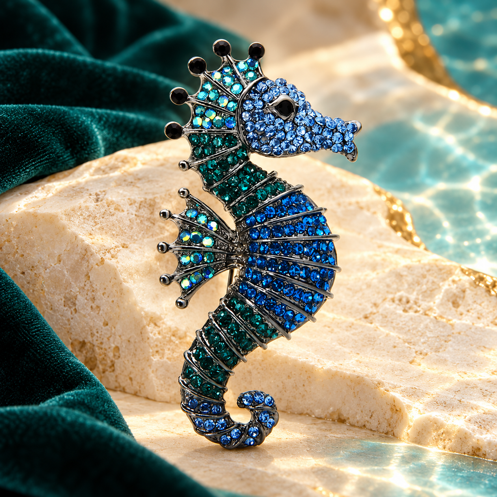 Rhinestone Seahorse Brooch — styled background