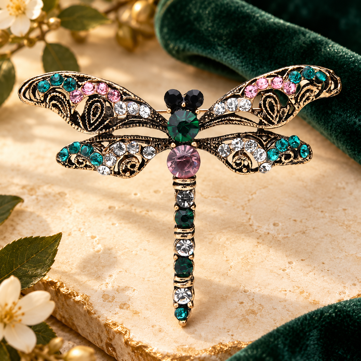 Ornate Vintage Jeweled Dragonfly Brooch — styled background
