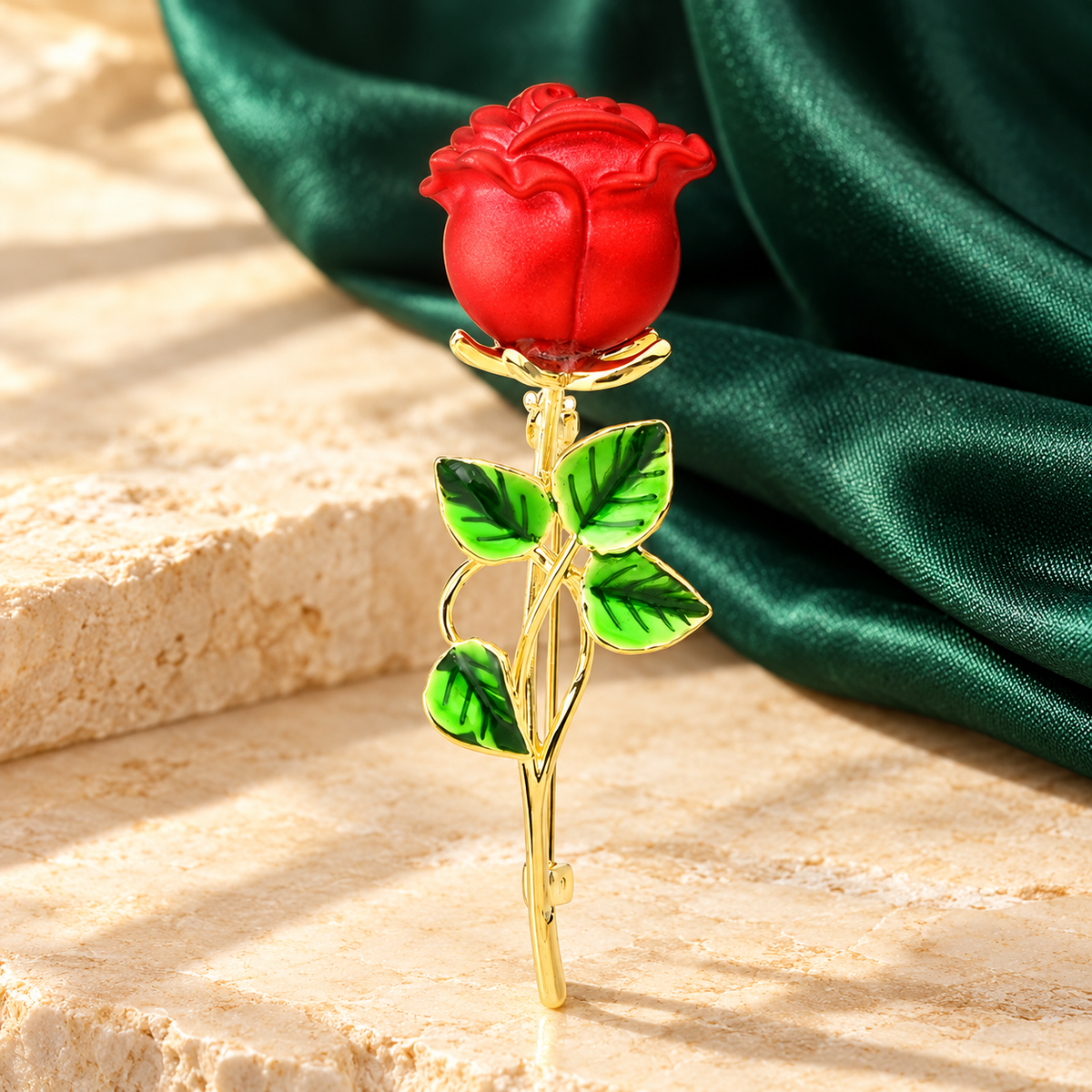 Red Enamel Rose Stem Brooch — styled background